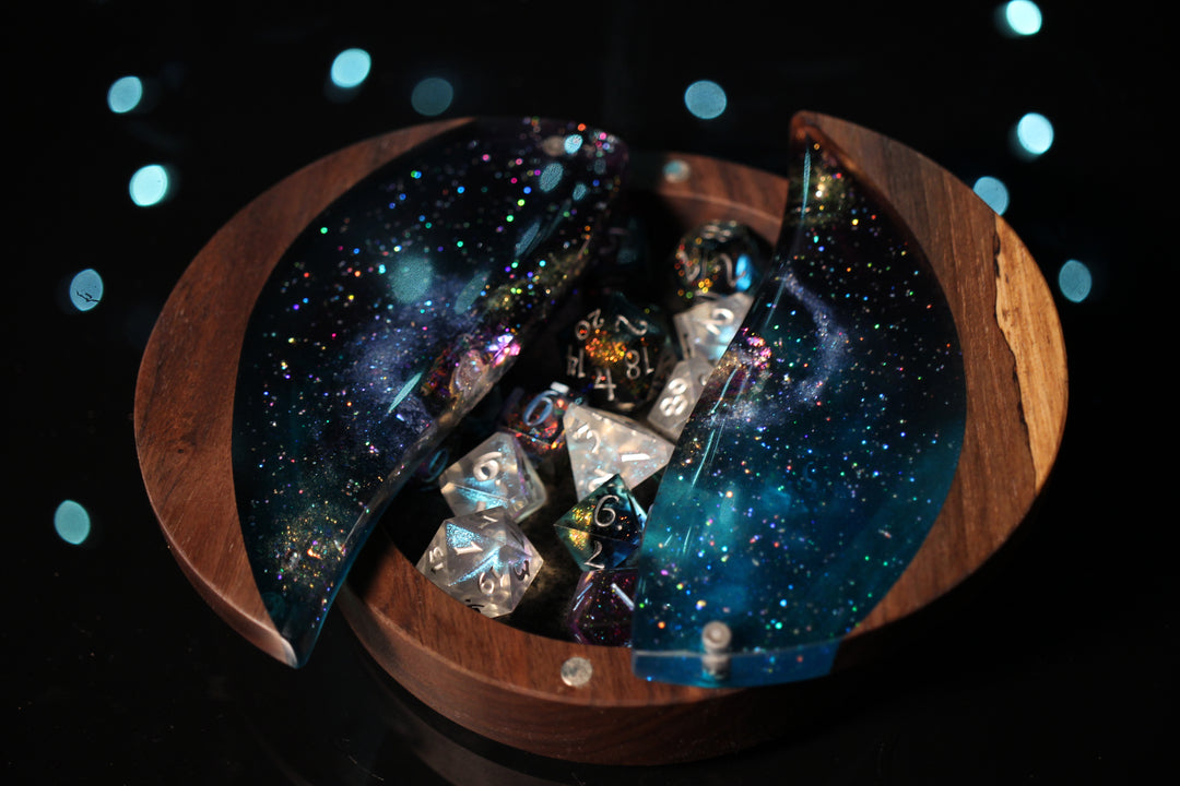 Two Galaxies, One Fate Wood and Epoxy Dice Box for Dungeons and Dragons or Any Dice Game